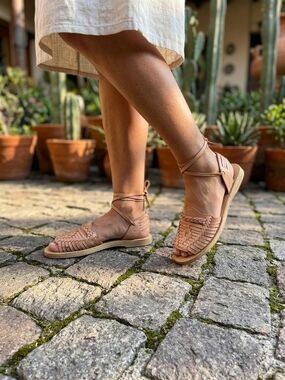 100% Leather Material  Women's Tan Leather Huarache Sandals with Ankle Tie